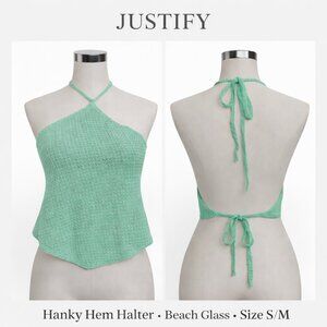 NWT Justify Beach Glass Mint Green Crochet Hanky Hem Halter Top S/M Boho
